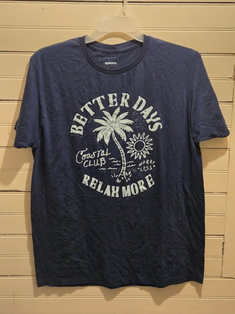 Sonoma T-Shirt Mens L Navy Better Days Palm Tree Graphic Coastal Club Tee Casual